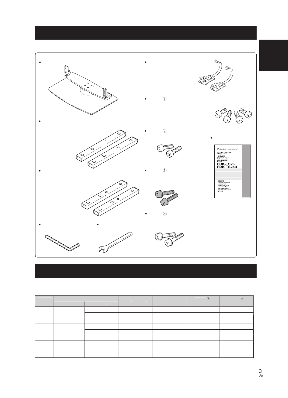 同梱された部品の確認, 支柱使用・不使用一覧 | Pioneer PDK-TS25 User Manual | Page 3 / 89