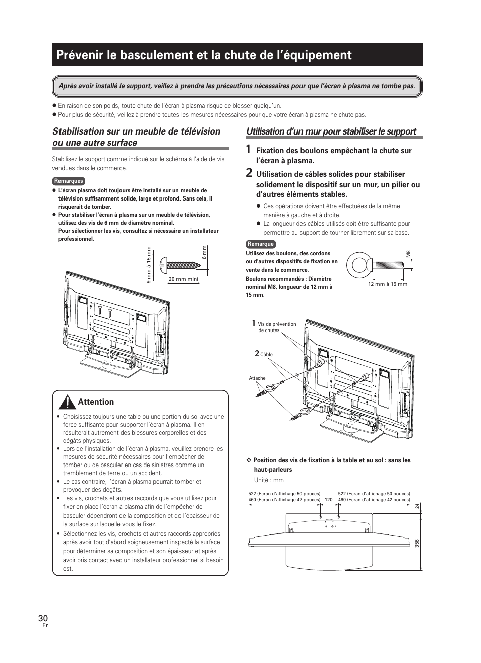 Utilisation d’un mur pour stabiliser le support, Attention | Pioneer PDK-TS25 User Manual | Page 30 / 89