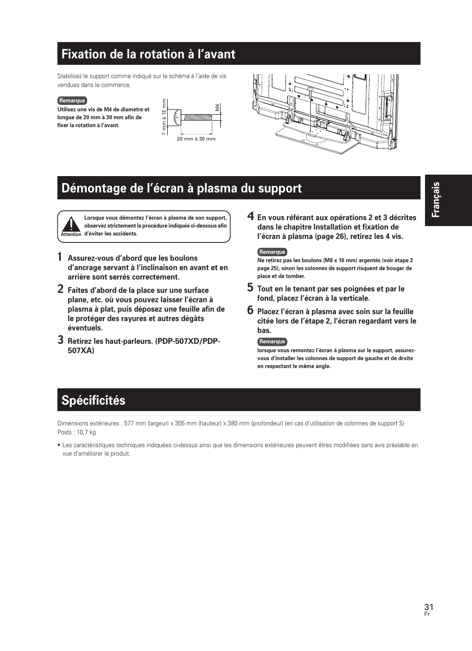 Fixation de la rotation à l’avant, Démontage de l’écran à plasma du support, Spécificités | Fran çais | Pioneer PDK-TS25 User Manual | Page 31 / 89