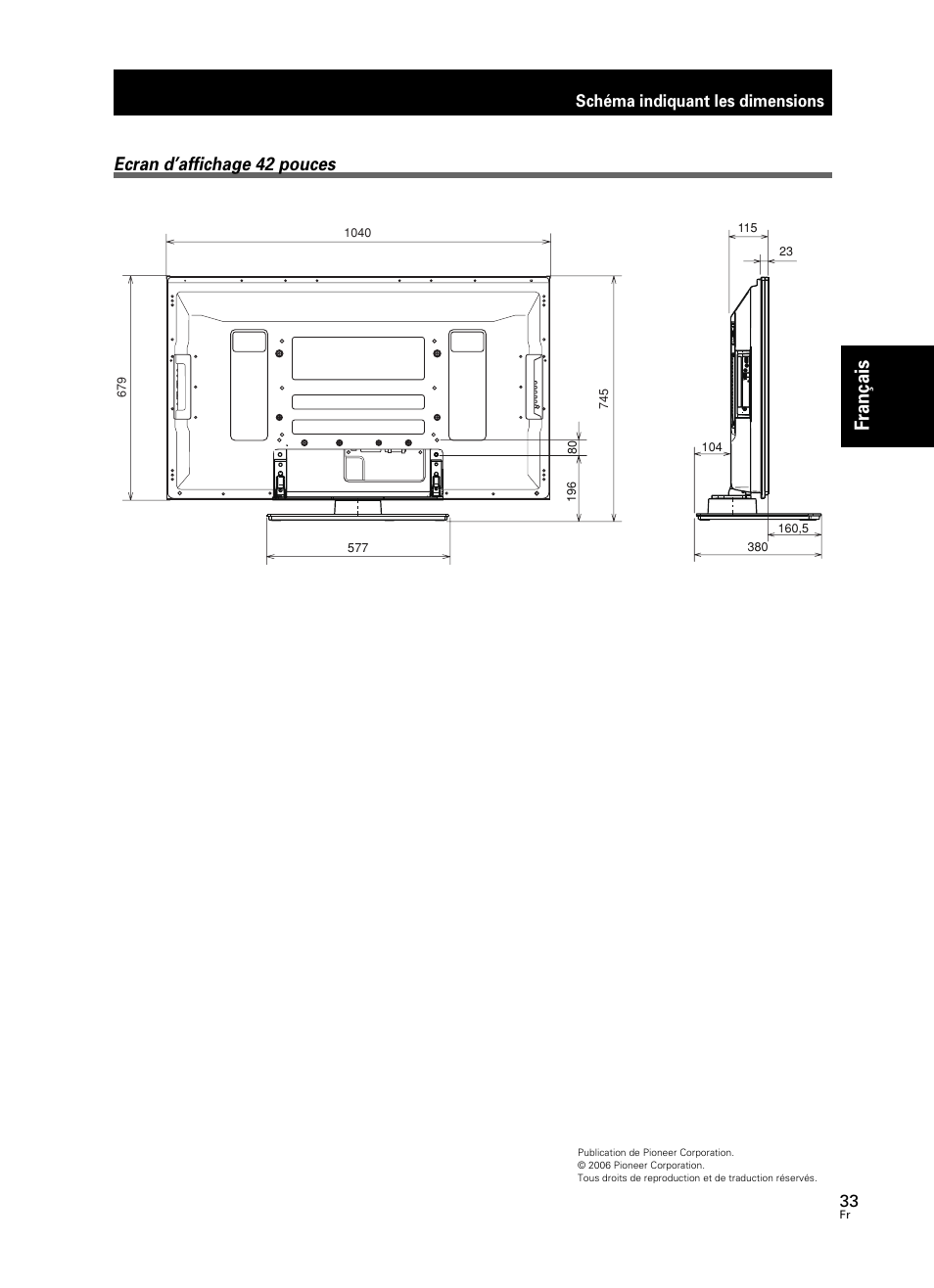 Fran çais, Ecran d’affichage 42 pouces | Pioneer PDK-TS25 User Manual | Page 33 / 89