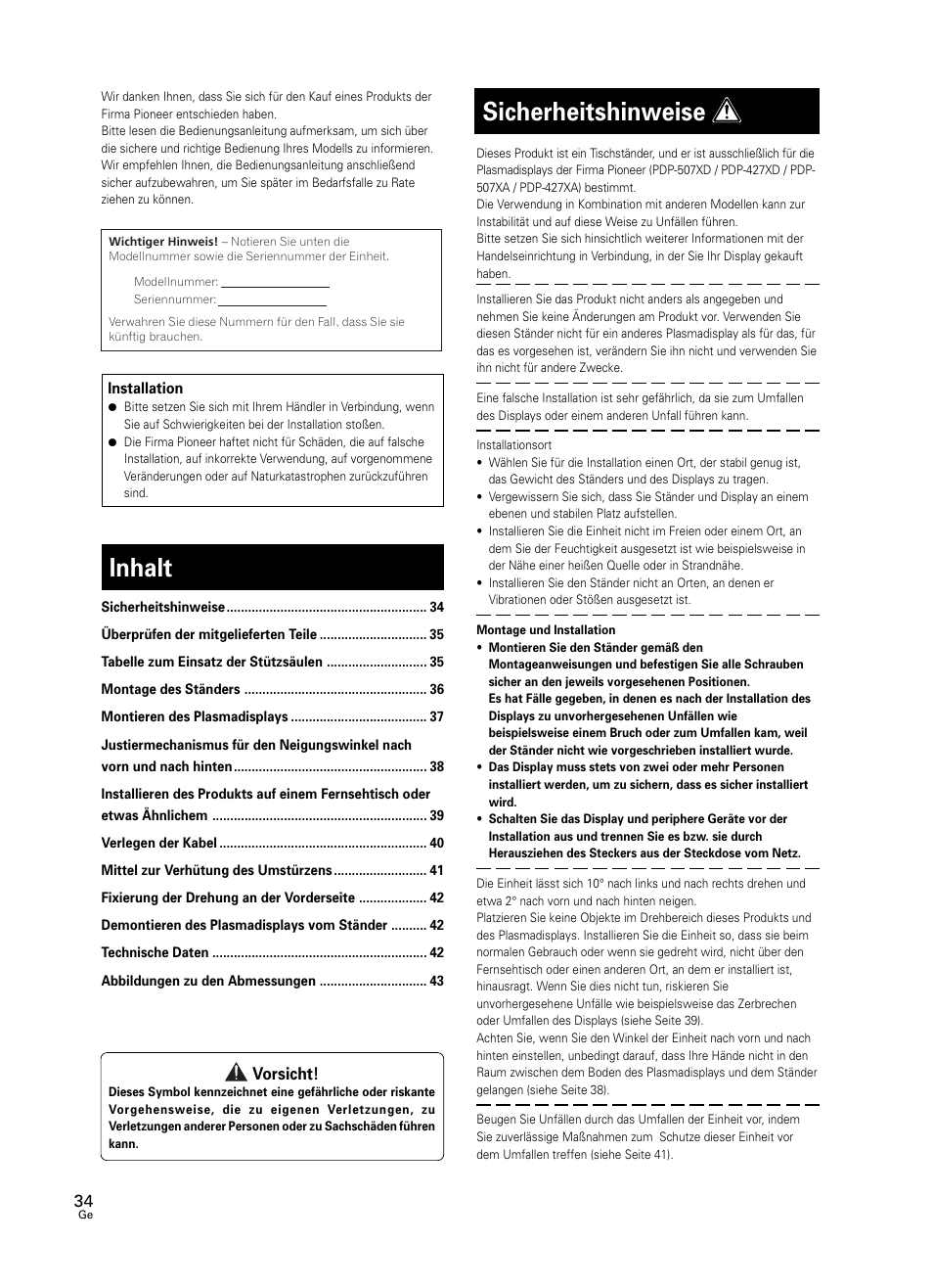 Inhalt, Sicherheitshinweise | Pioneer PDK-TS25 User Manual | Page 34 / 89