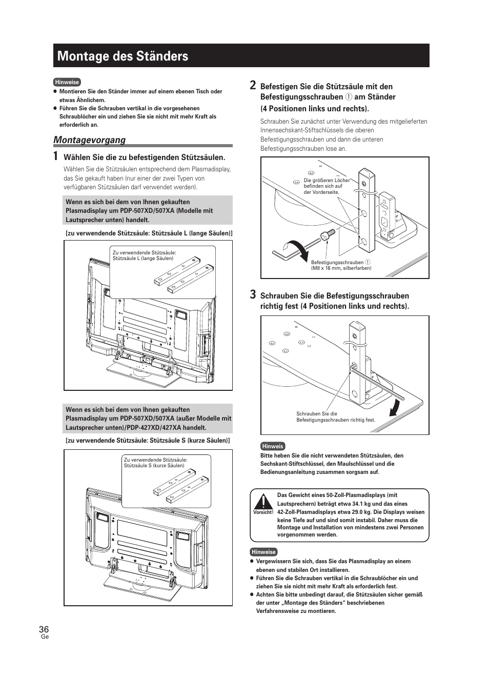 Montage des ständers, Montagevorgang, Wählen sie die zu befestigenden stützsäulen | Pioneer PDK-TS25 User Manual | Page 36 / 89