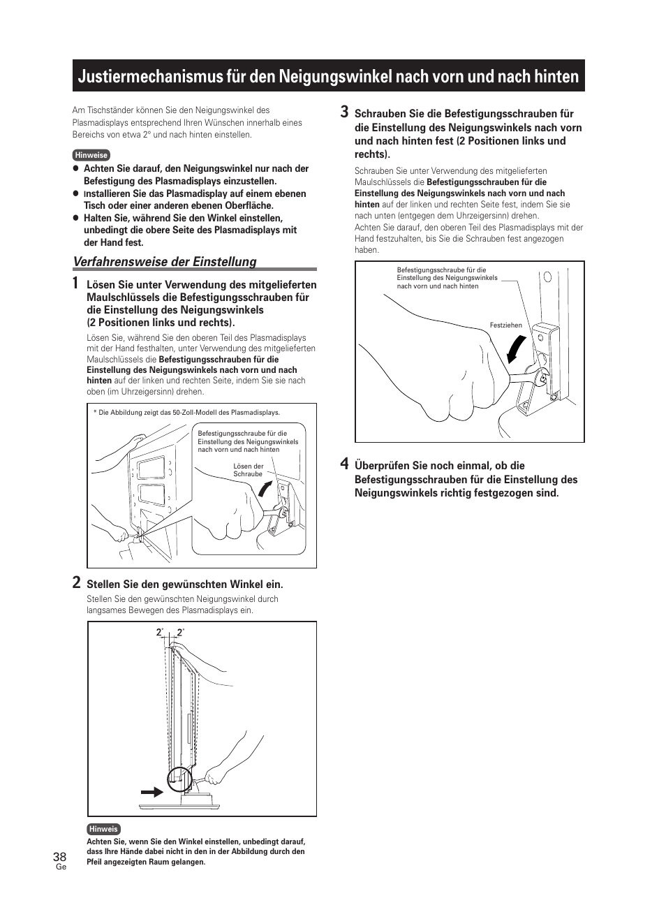 Justiermechanismus für den neigungswinkel nach, Vorn und nach hinten, Verfahrensweise der einstellung | Pioneer PDK-TS25 User Manual | Page 38 / 89