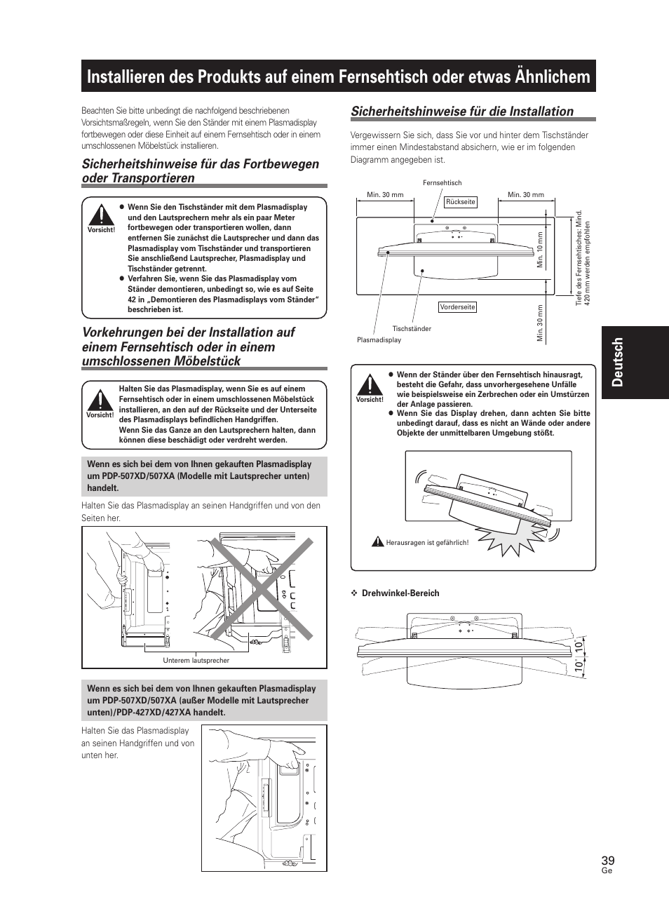 Etwas ähnlichem, Deutsch, Sicherheitshinweise für die installation | Pioneer PDK-TS25 User Manual | Page 39 / 89