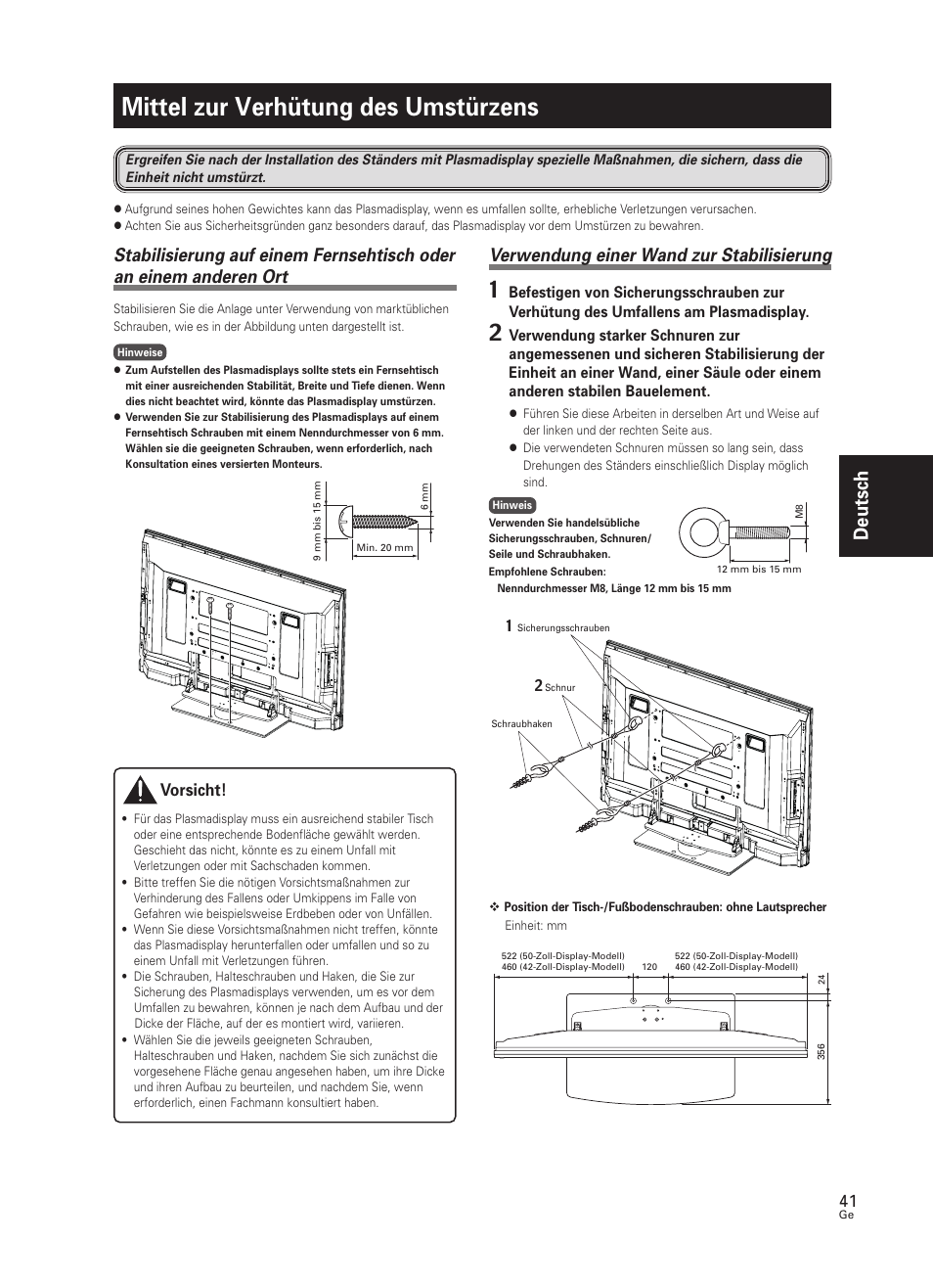 Mittel zur verhütung des umstürzens, Deutsch, Verwendung einer wand zur stabilisierung | Vorsicht | Pioneer PDK-TS25 User Manual | Page 41 / 89