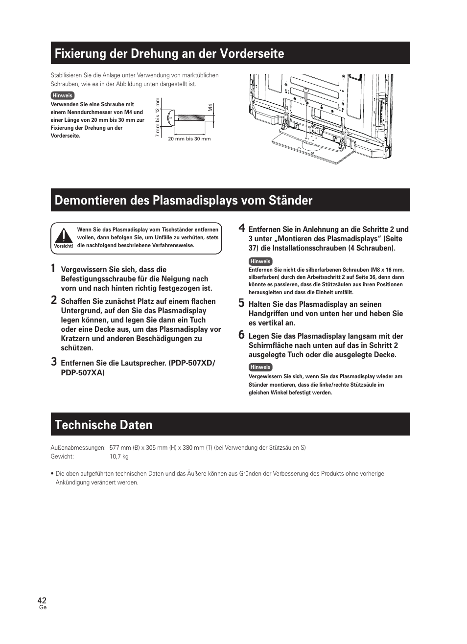 Fixierung der drehung an der vorderseite, Demontieren des plasmadisplays vom ständer, Technische daten | Pioneer PDK-TS25 User Manual | Page 42 / 89