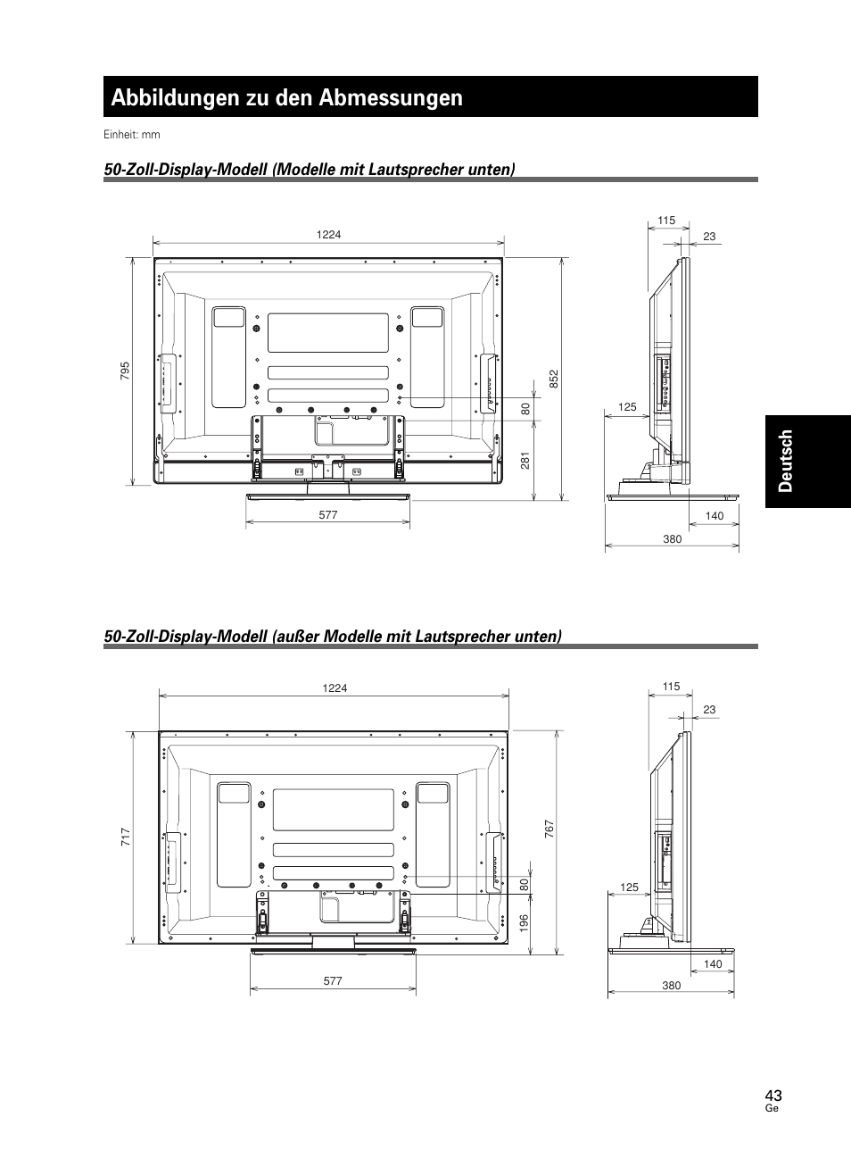 Abbildungen zu den abmessungen, Deutsch | Pioneer PDK-TS25 User Manual | Page 43 / 89