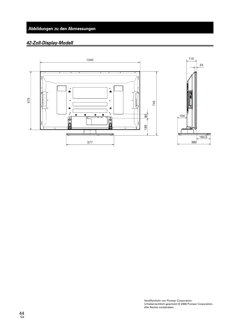 Zoll-display-modell, Abbildungen zu den abmessungen | Pioneer PDK-TS25 User Manual | Page 44 / 89