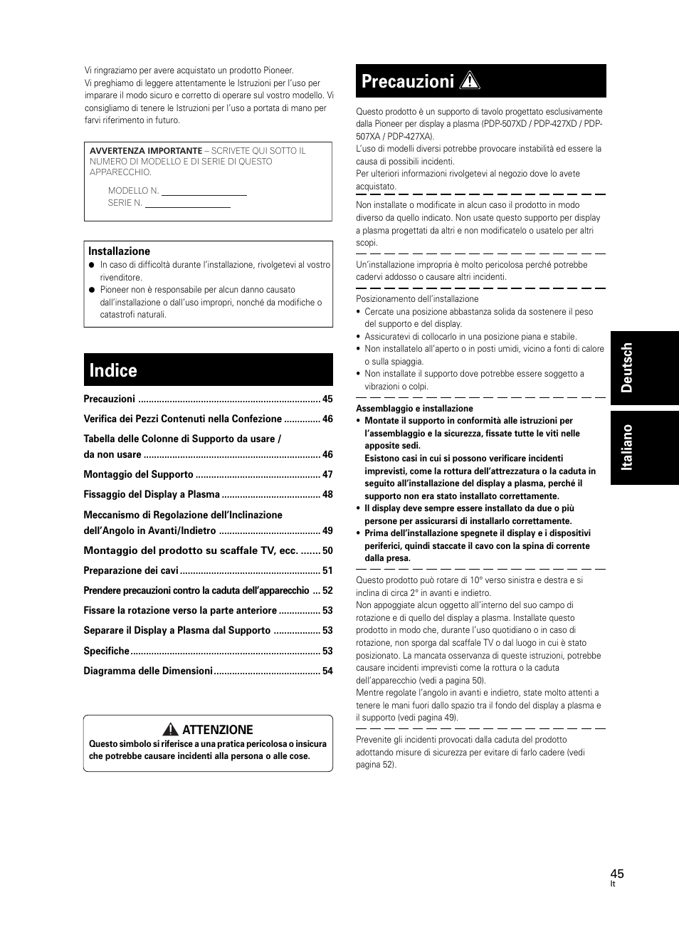 Indice, Precauzioni, Deutsch italiano | Pioneer PDK-TS25 User Manual | Page 45 / 89