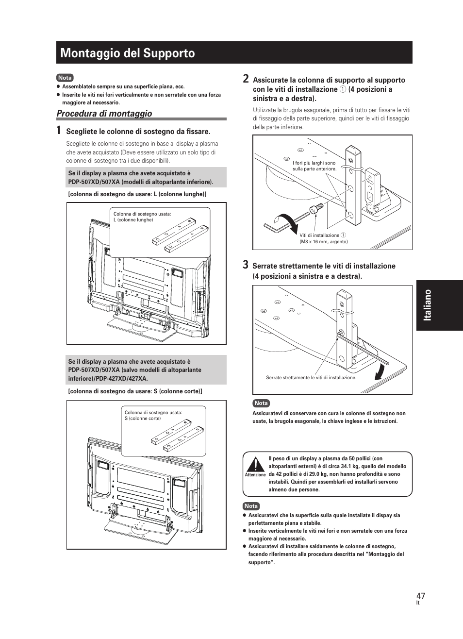 Montaggio del supporto, Italiano, Procedura di montaggio | Scegliete le colonne di sostegno da fissare | Pioneer PDK-TS25 User Manual | Page 47 / 89