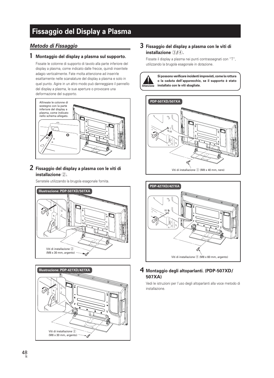 Fissaggio del display a plasma, Metodo di fissaggio, Montaggio del display a plasma sul supporto | Pioneer PDK-TS25 User Manual | Page 48 / 89