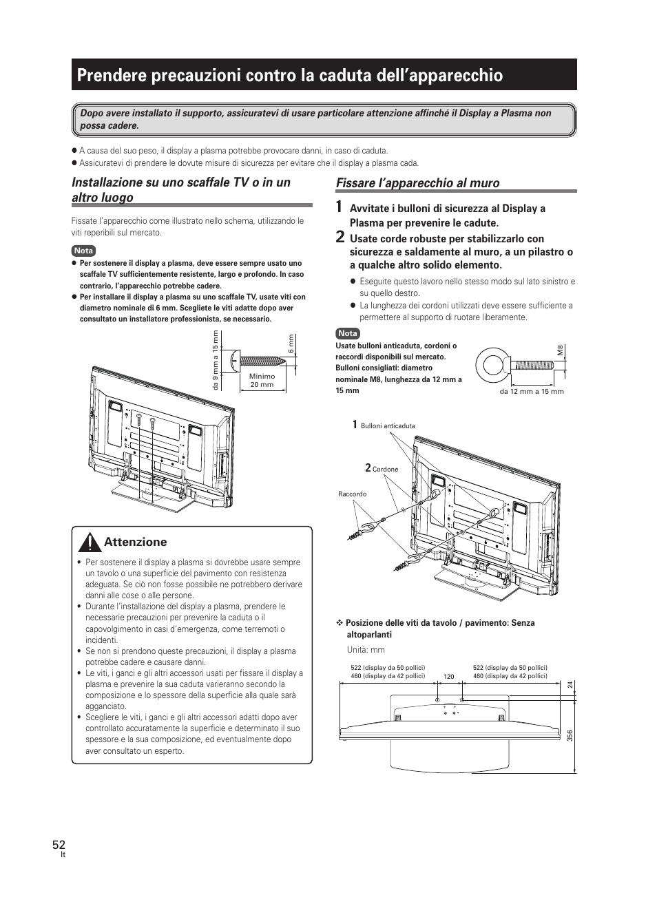 Fissare l’apparecchio al muro, Attenzione | Pioneer PDK-TS25 User Manual | Page 52 / 89