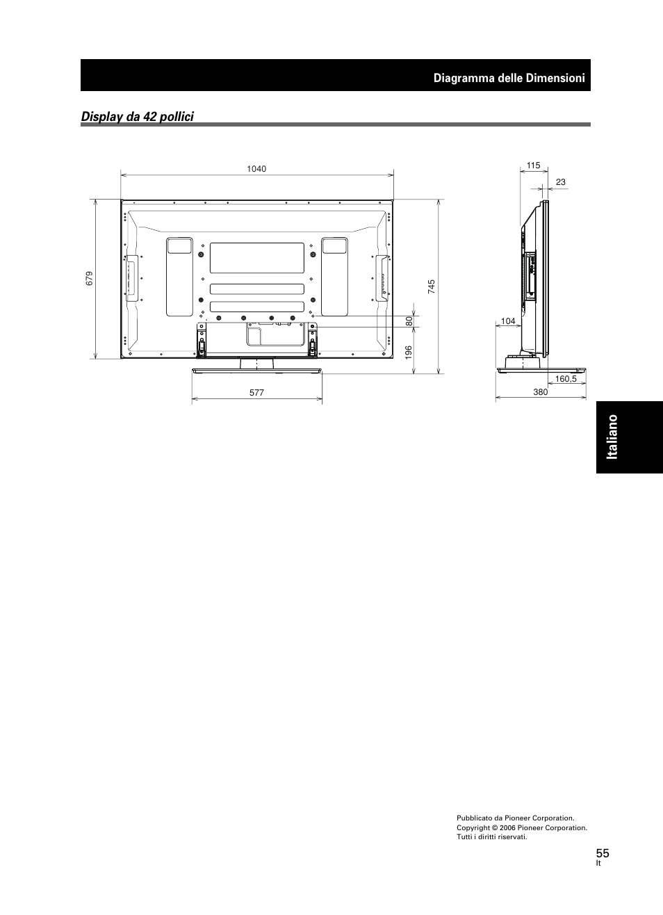 Italiano, Display da 42 pollici, Diagramma delle dimensioni | Pioneer PDK-TS25 User Manual | Page 55 / 89