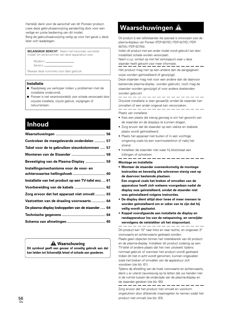 Inhoud, Waarschuwingen | Pioneer PDK-TS25 User Manual | Page 56 / 89