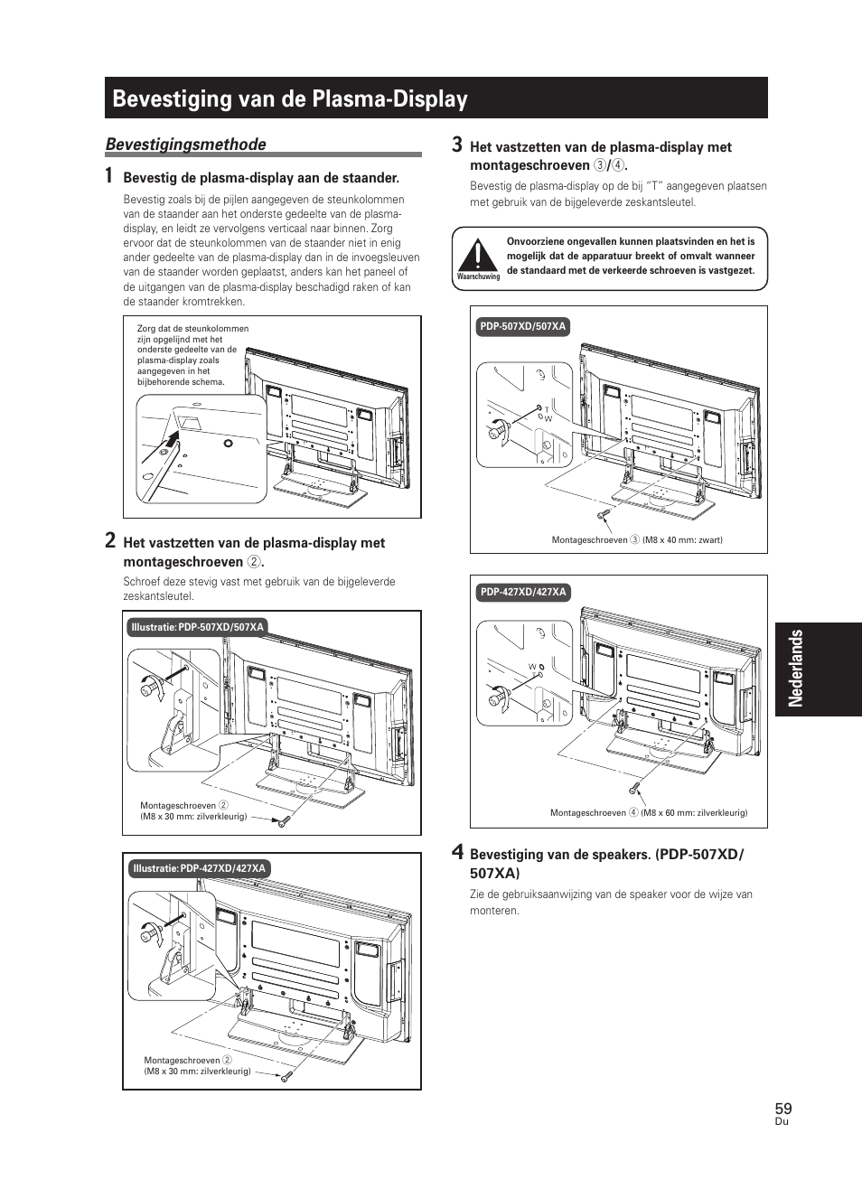 Bevestiging van de plasma-display, Nederlands, Bevestigingsmethode | Bevestig de plasma-display aan de staander | Pioneer PDK-TS25 User Manual | Page 59 / 89