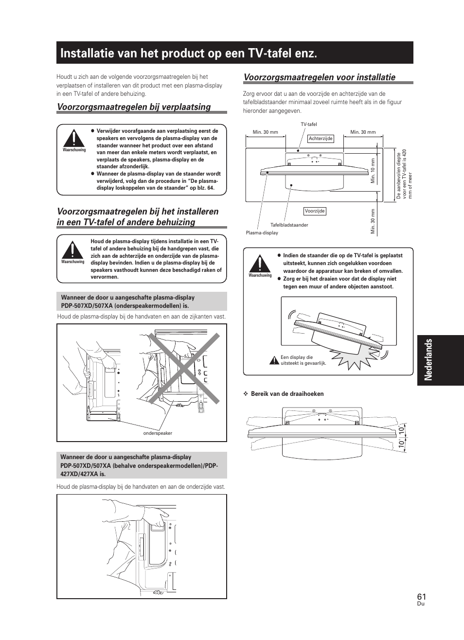 Installatie van het product op een tv-tafel enz, Nederlands, Voorzorgsmaatregelen bij verplaatsing | Voorzorgsmaatregelen voor installatie | Pioneer PDK-TS25 User Manual | Page 61 / 89