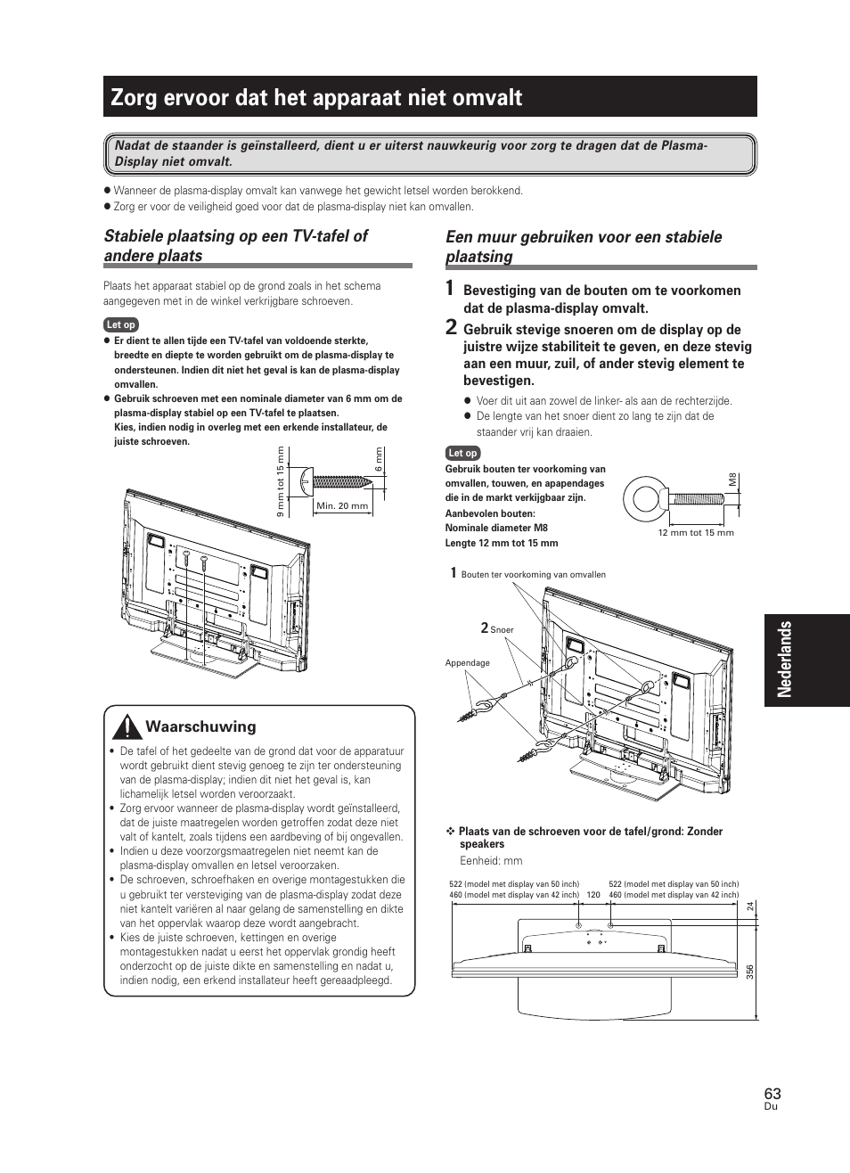 Zorg ervoor dat het apparaat niet omvalt, Nederlands, Een muur gebruiken voor een stabiele plaatsing | Waarschuwing | Pioneer PDK-TS25 User Manual | Page 63 / 89