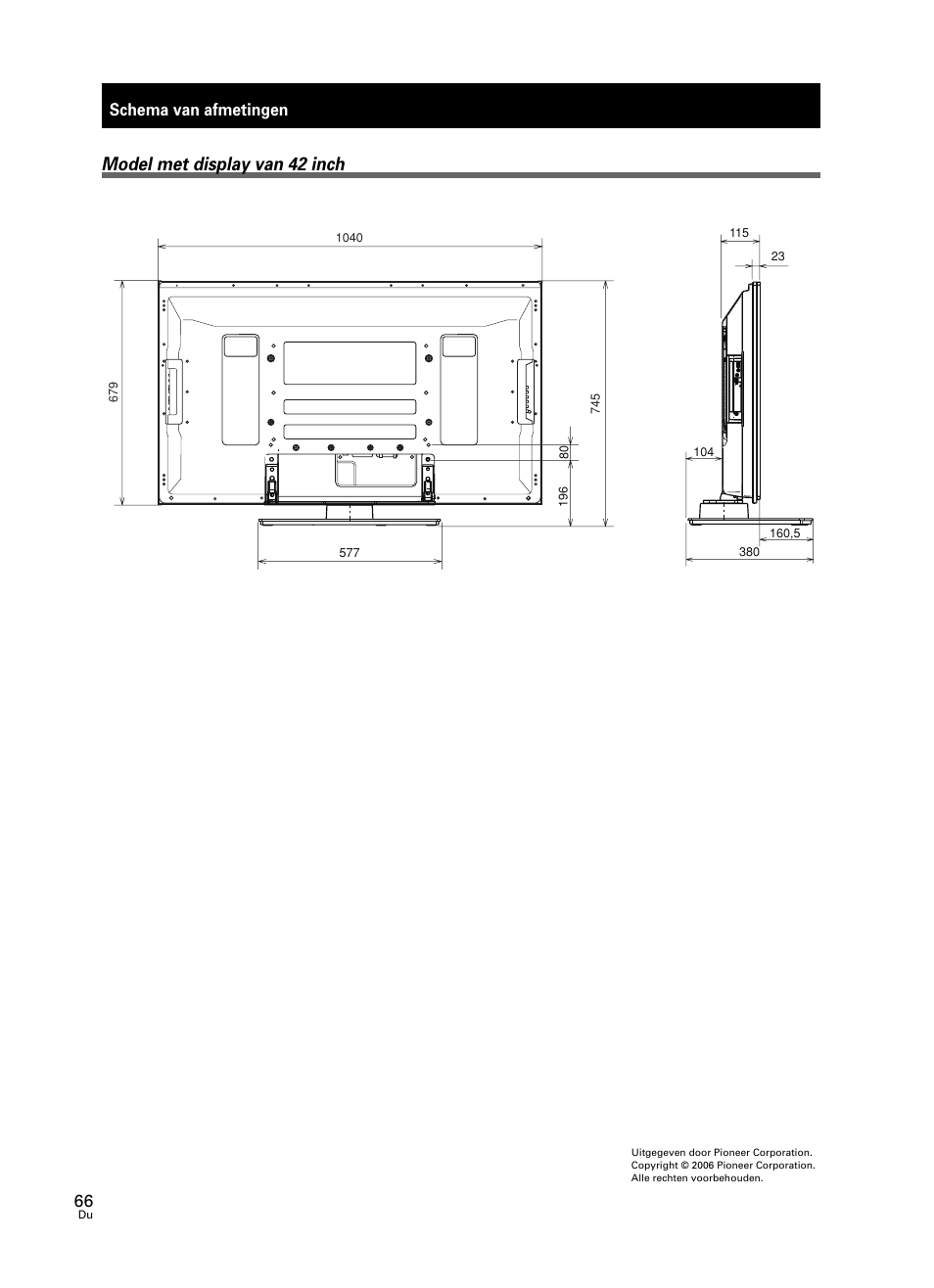 Model met display van 42 inch, Schema van afmetingen | Pioneer PDK-TS25 User Manual | Page 66 / 89