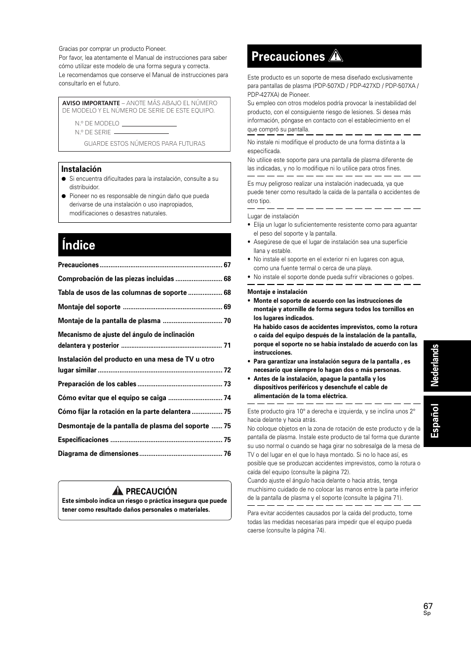 Índice, Precauciones, Nederlands español | Pioneer PDK-TS25 User Manual | Page 67 / 89