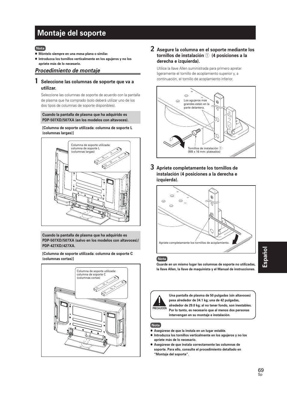 Montaje del soporte, Espa ñ ol, Procedimiento de montaje | Pioneer PDK-TS25 User Manual | Page 69 / 89