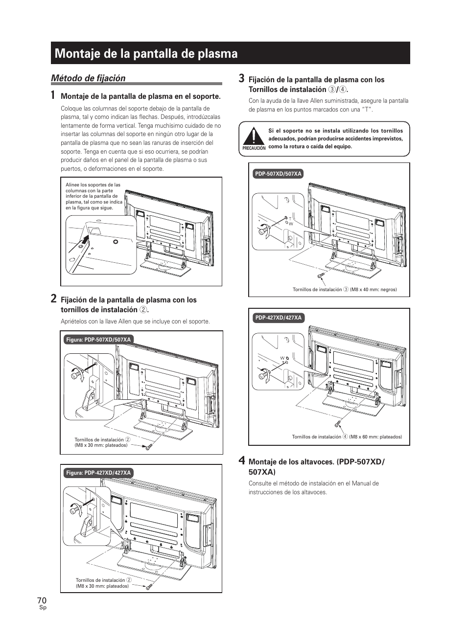 Montaje de la pantalla de plasma, Método de fijación, Montaje de la pantalla de plasma en el soporte | Pioneer PDK-TS25 User Manual | Page 70 / 89
