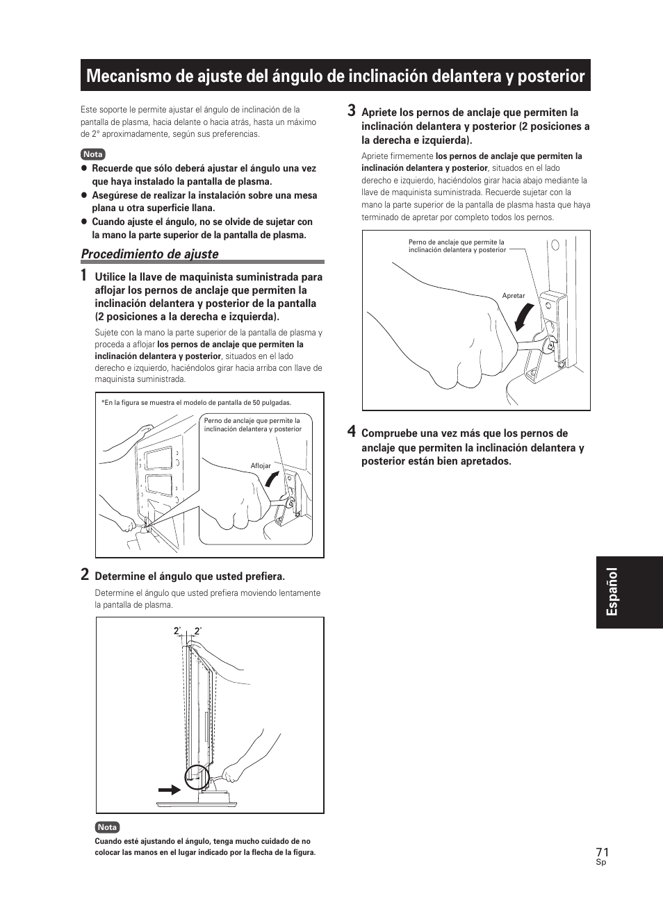Mecanismo de ajuste del ángulo de inclinación, Delantera y posterior, Espa ñ ol | Pioneer PDK-TS25 User Manual | Page 71 / 89