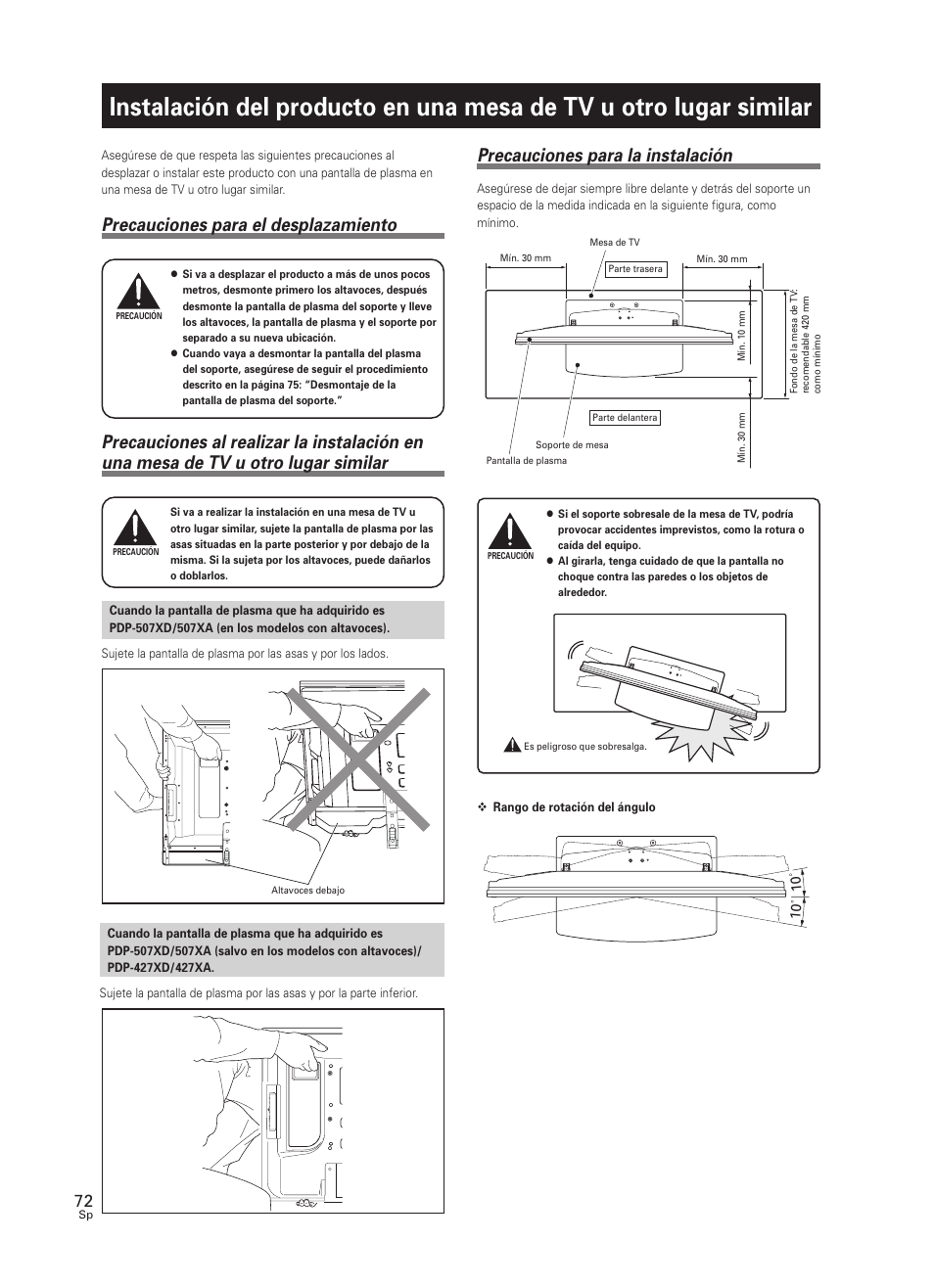 Instalación del producto en una mesa de tv u otro, Lugar similar, Precauciones para la instalación | Precauciones para el desplazamiento | Pioneer PDK-TS25 User Manual | Page 72 / 89