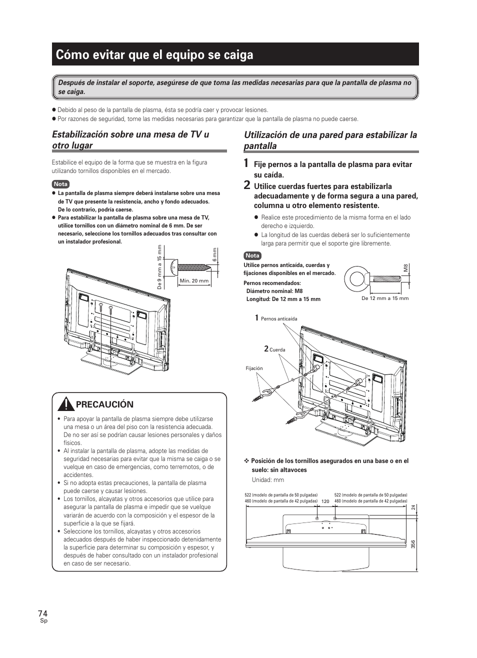 Cómo evitar que el equipo se caiga, Estabilización sobre una mesa de tv u otro lugar, Precaución | Pioneer PDK-TS25 User Manual | Page 74 / 89