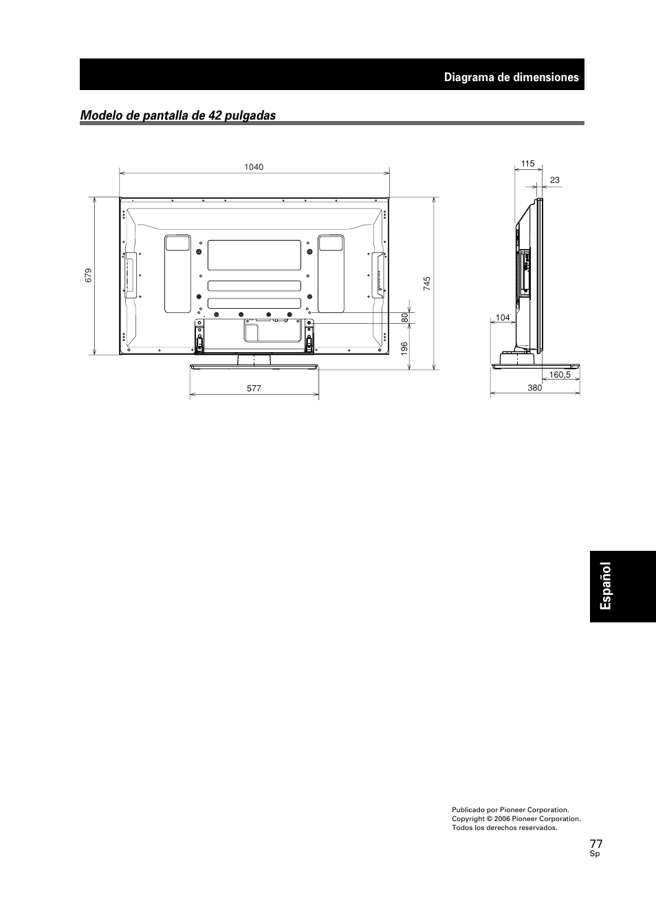 Español, Modelo de pantalla de 42 pulgadas, Diagrama de dimensiones | Pioneer PDK-TS25 User Manual | Page 77 / 89