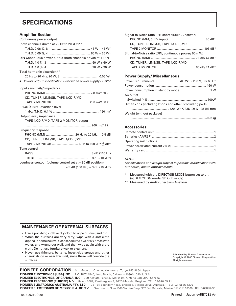 Specifications, Maintenance of external surfaces, Pioneer corporation | Pioneer A-509R User Manual | Page 12 / 12