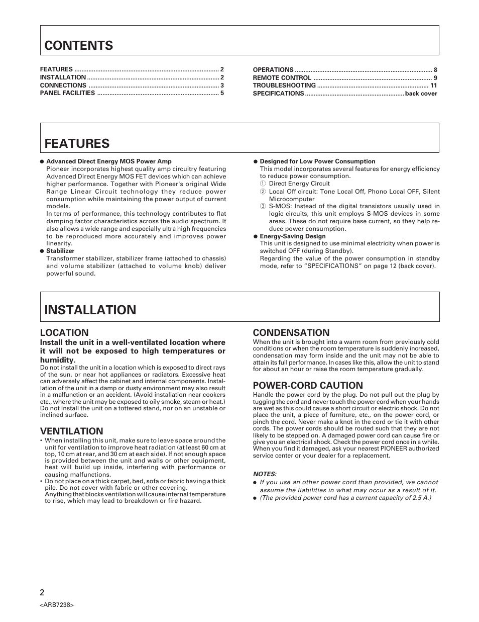 Contents features, Installation, Location | Ventilation, Condensation, Power-cord caution | Pioneer A-509R User Manual | Page 2 / 12