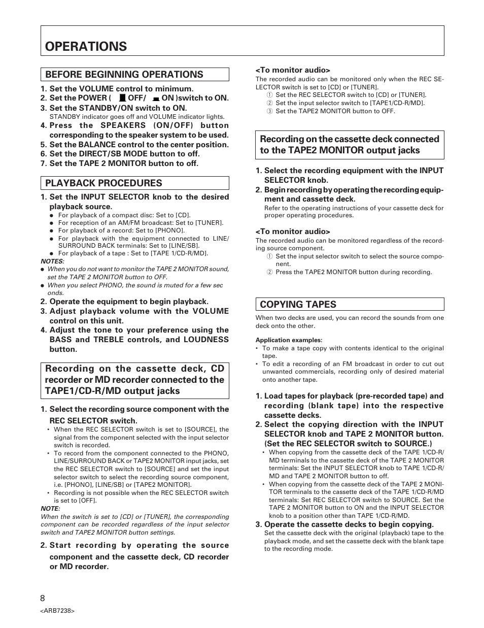 Operations, Copying tapes, Before beginning operations | Playback procedures | Pioneer A-509R User Manual | Page 8 / 12
