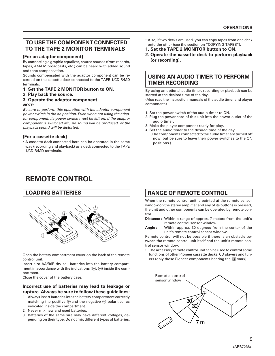 Remote control, Using an audio timer to perform timer recording, Loading batteries | Range of remote control | Pioneer A-509R User Manual | Page 9 / 12