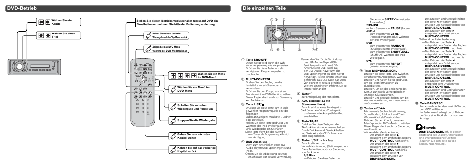 Dvd-betrieb, Die einzelnen teile, Hinweis | Pioneer DVH-P4100UB User Manual | Page 6 / 8