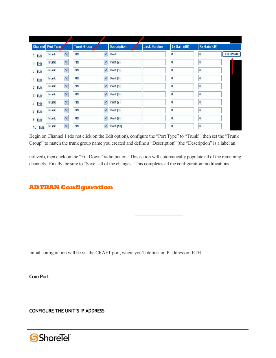 Adtran configuration, Com port, Configure the unit’s ip address | ADTRAN 220T1 User Manual | Page 11 / 32