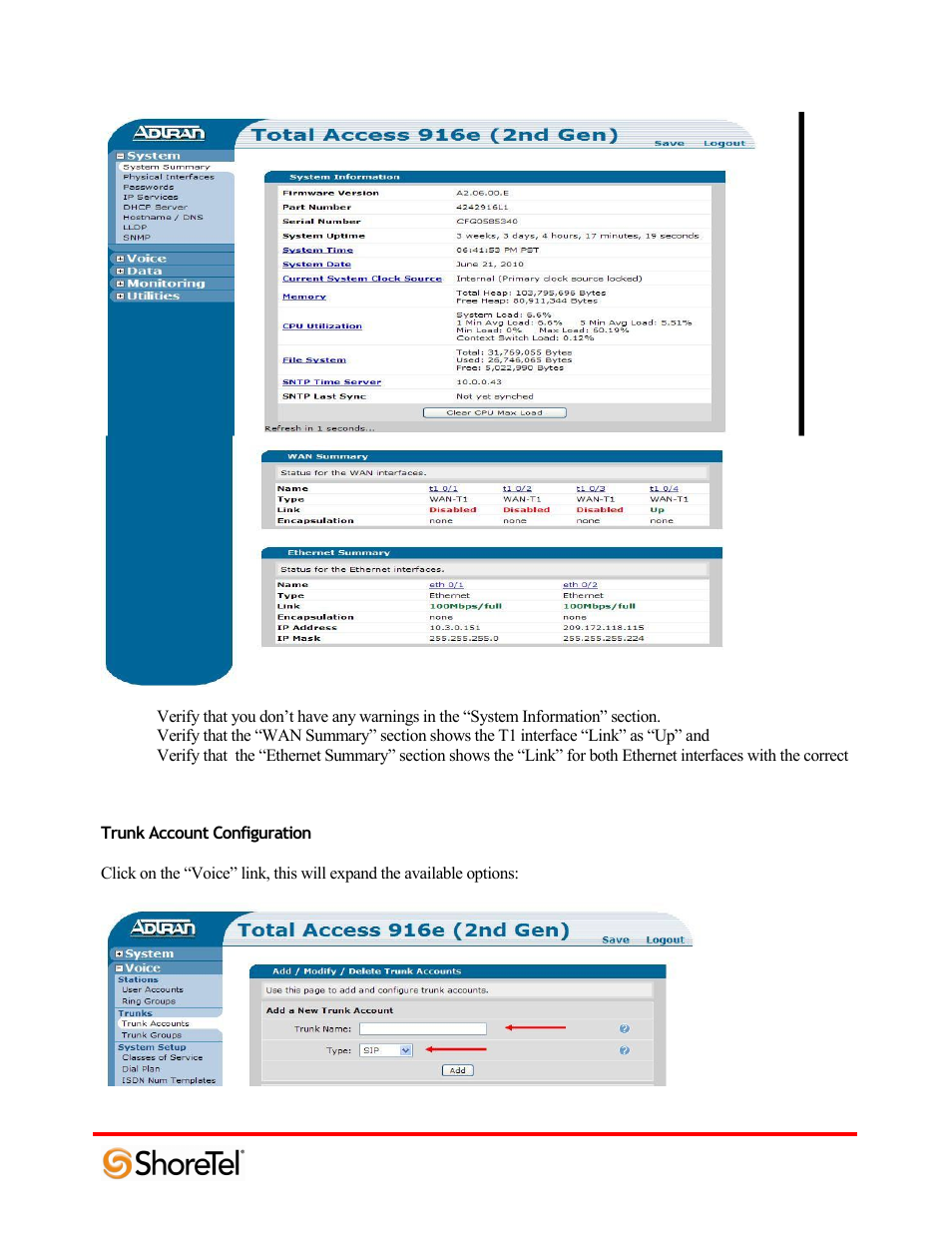 Trunk account configuration | ADTRAN 220T1 User Manual | Page 19 / 32