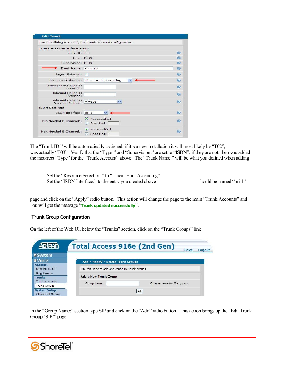 Trunk group configuration | ADTRAN 220T1 User Manual | Page 24 / 32