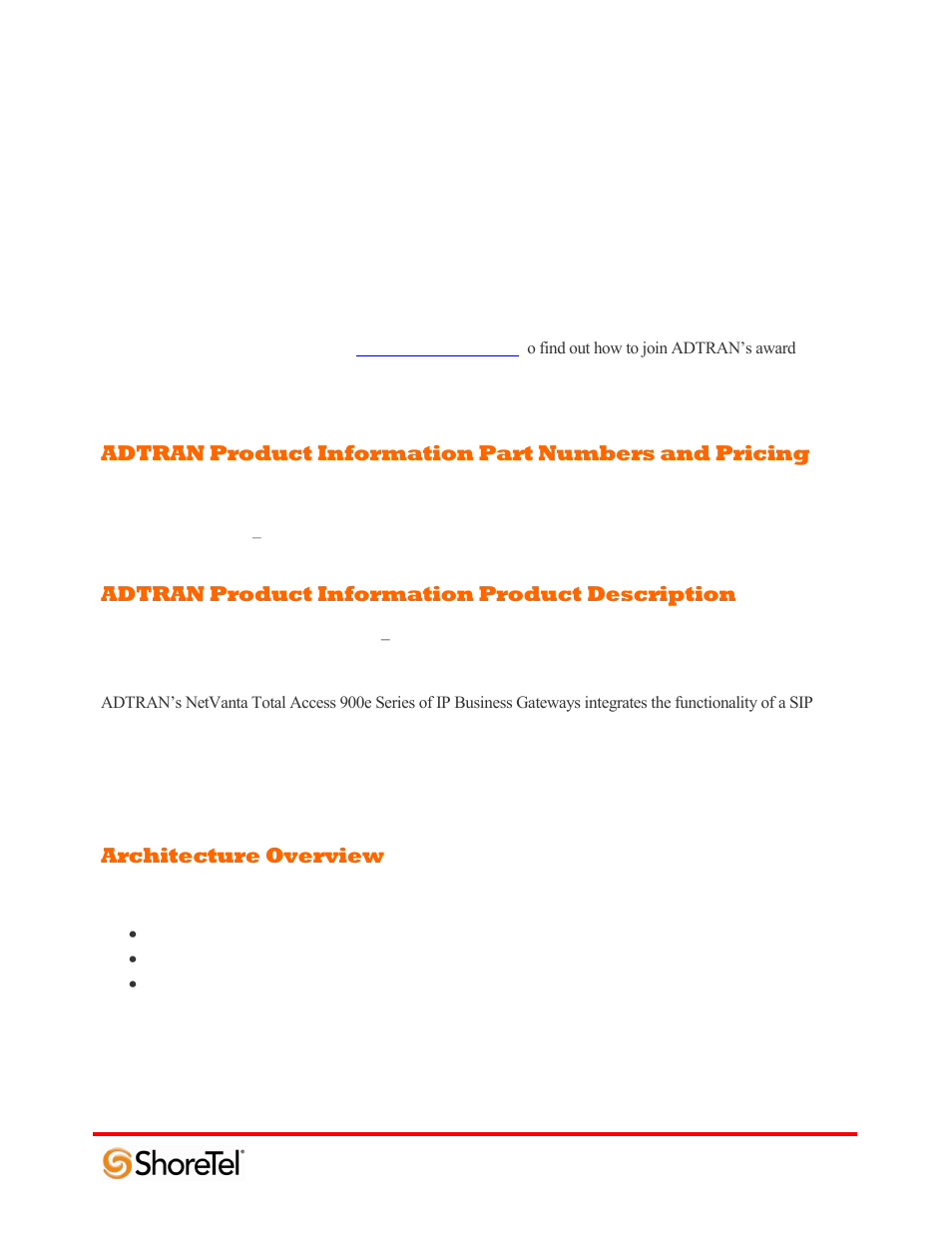 Adtran product information product description 4, Architecture overview, Adtran product information product description | ADTRAN 220T1 User Manual | Page 4 / 32