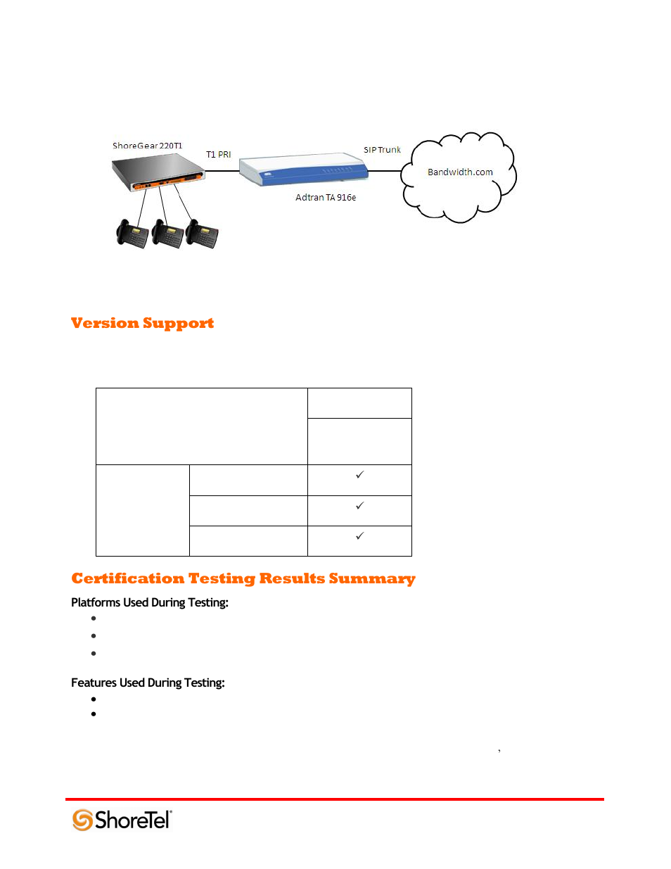 Version support, Certification testing results summary, Platforms used during testing | Features used during testing | ADTRAN 220T1 User Manual | Page 5 / 32