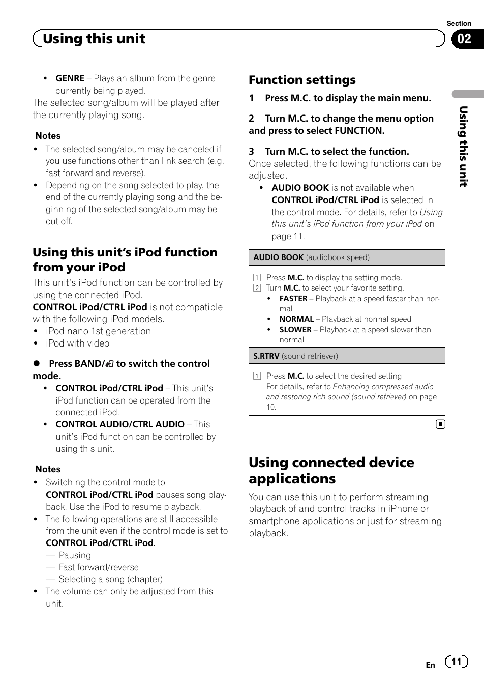 Using connected device applications, Using this unit, Using this unit ’ s ipod function from your ipod | Function settings | Pioneer DEH-4600BT User Manual | Page 11 / 36