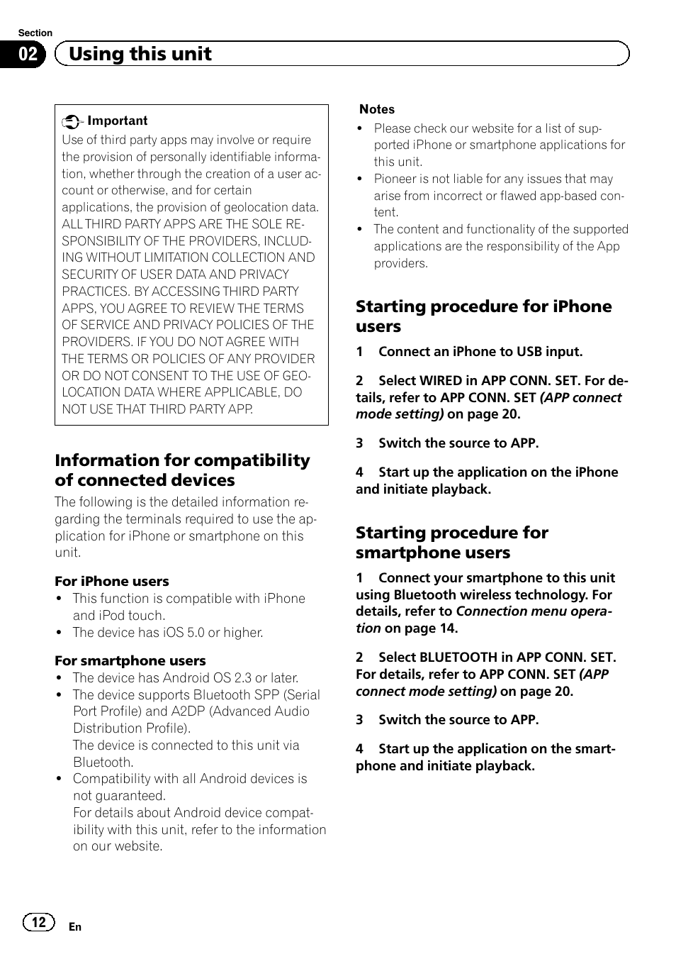 02 using this unit, Information for compatibility of connected devices, Starting procedure for iphone users | Starting procedure for smartphone users | Pioneer DEH-4600BT User Manual | Page 12 / 36