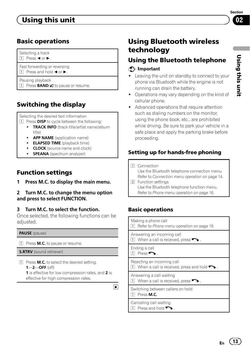 Using bluetooth wireless technology, Basic operations, Switching the display | Function settings, Using the bluetooth telephone, Using this unit | Pioneer DEH-4600BT User Manual | Page 13 / 36