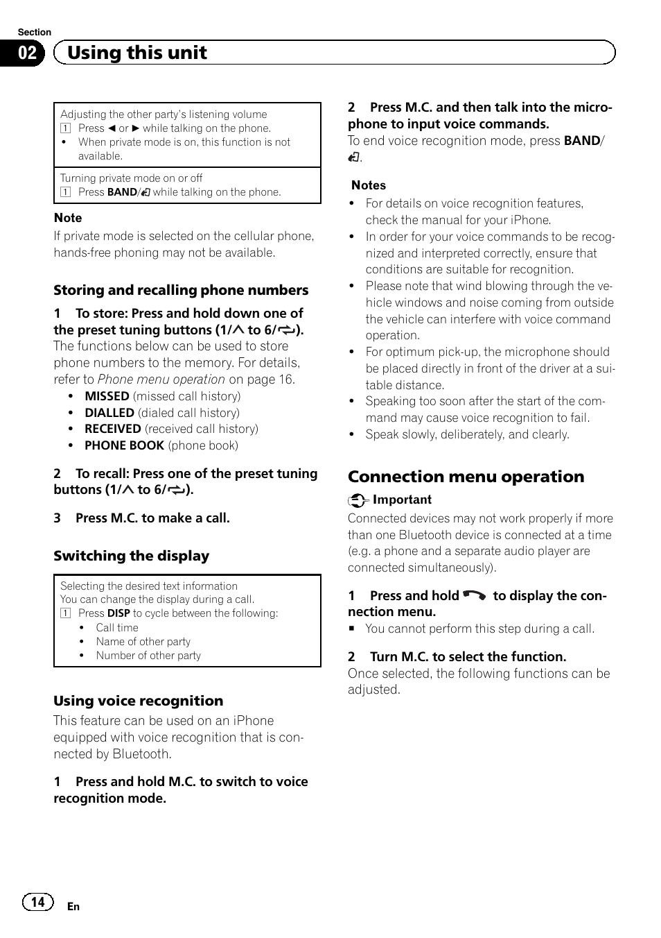 02 using this unit, Connection menu operation | Pioneer DEH-4600BT User Manual | Page 14 / 36