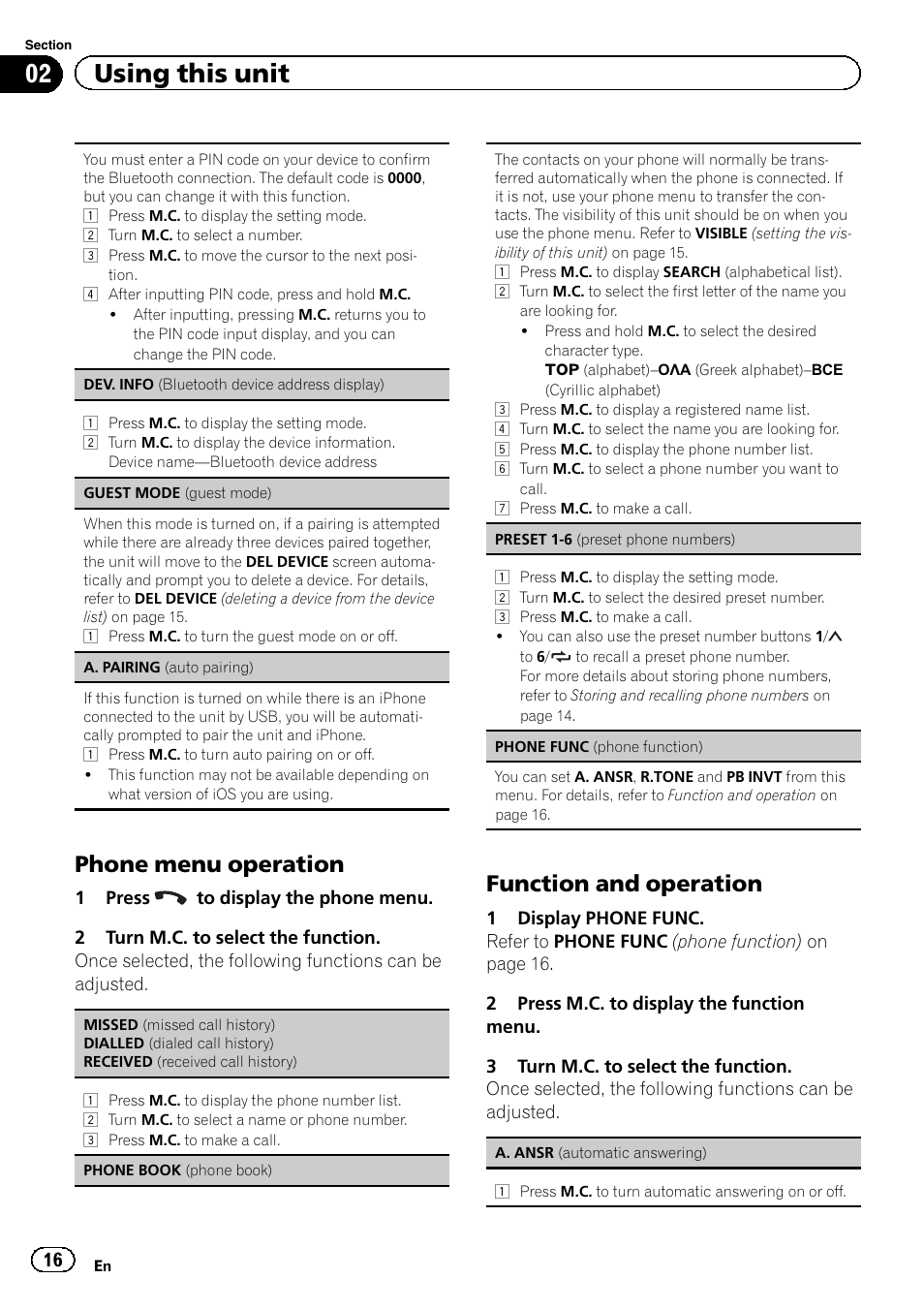 02 using this unit, Phone menu operation, Function and operation | Pioneer DEH-4600BT User Manual | Page 16 / 36