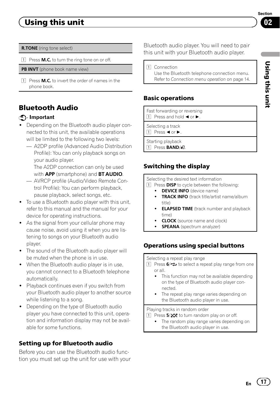 Bluetooth audio, Using this unit | Pioneer DEH-4600BT User Manual | Page 17 / 36