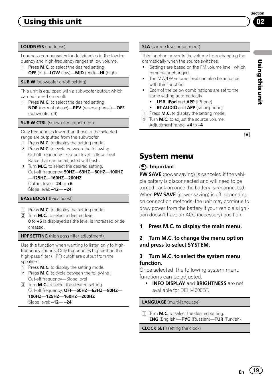 System menu, Using this unit | Pioneer DEH-4600BT User Manual | Page 19 / 36