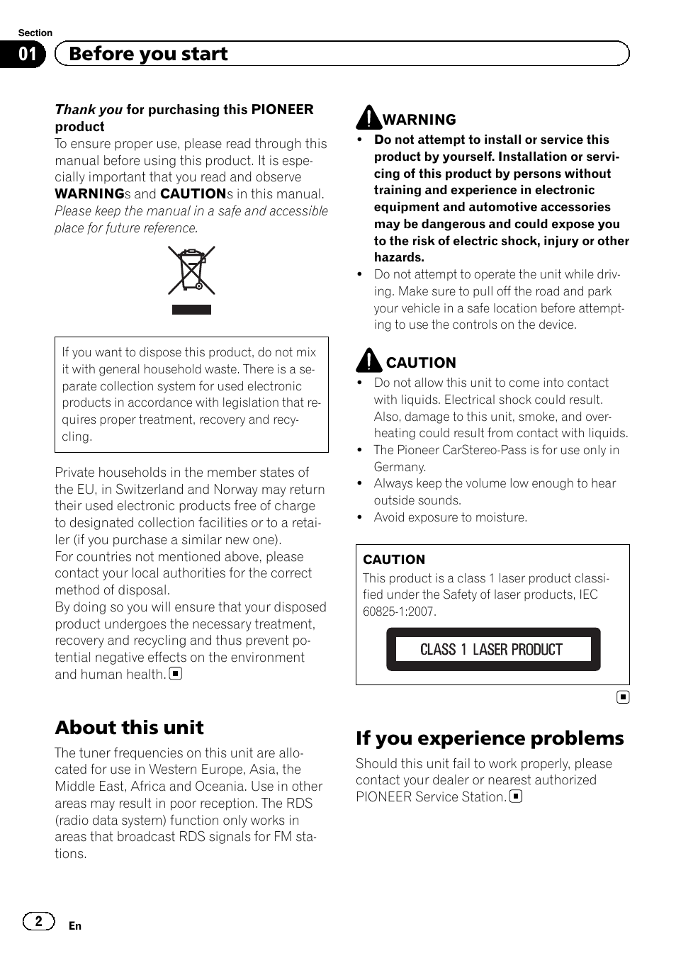 About this unit, If you experience problems, 01 before you start | Pioneer DEH-4600BT User Manual | Page 2 / 36