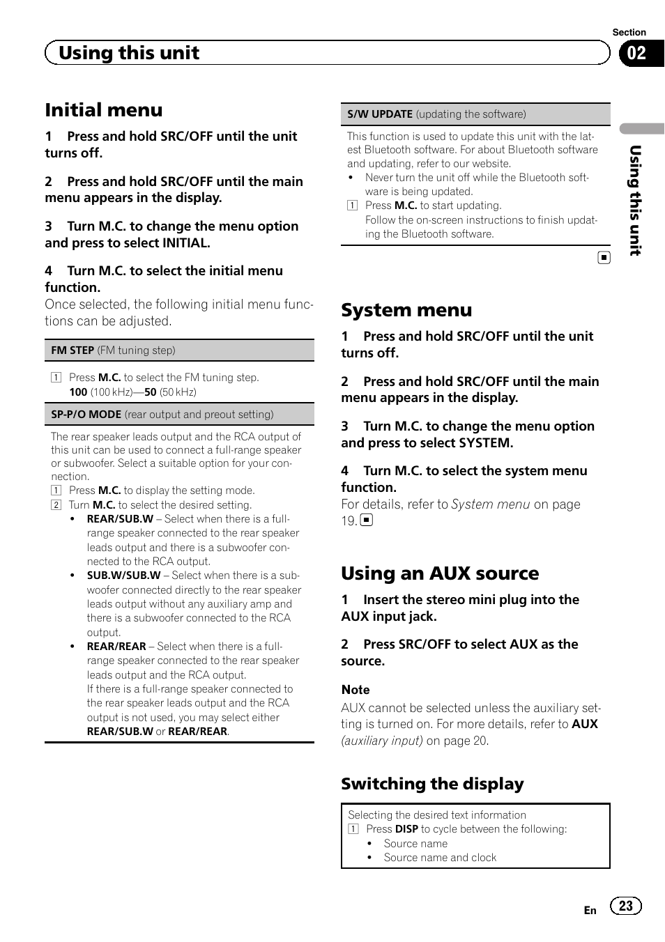 Initial menu, System menu, Using an aux source | Using this unit, Switching the display | Pioneer DEH-4600BT User Manual | Page 23 / 36