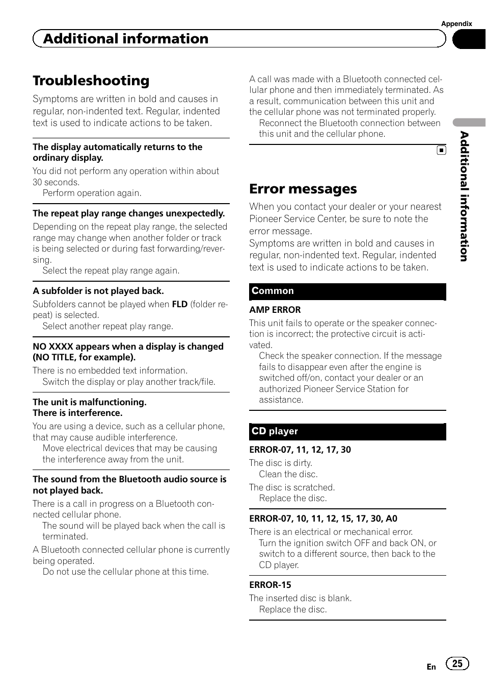 Troubleshooting, Error messages, Additional information | Pioneer DEH-4600BT User Manual | Page 25 / 36