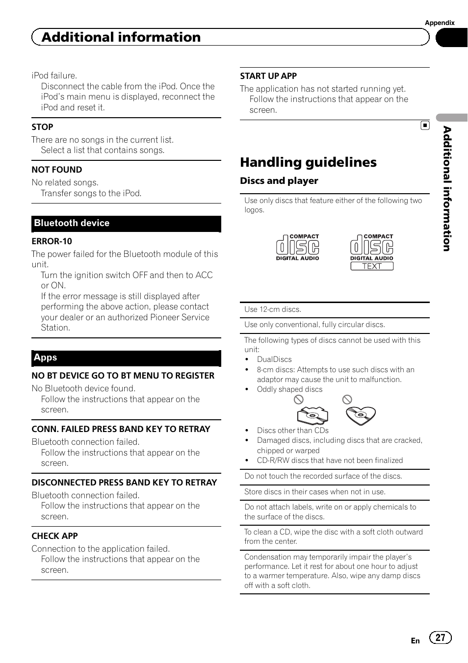 Handling guidelines, Additional information | Pioneer DEH-4600BT User Manual | Page 27 / 36